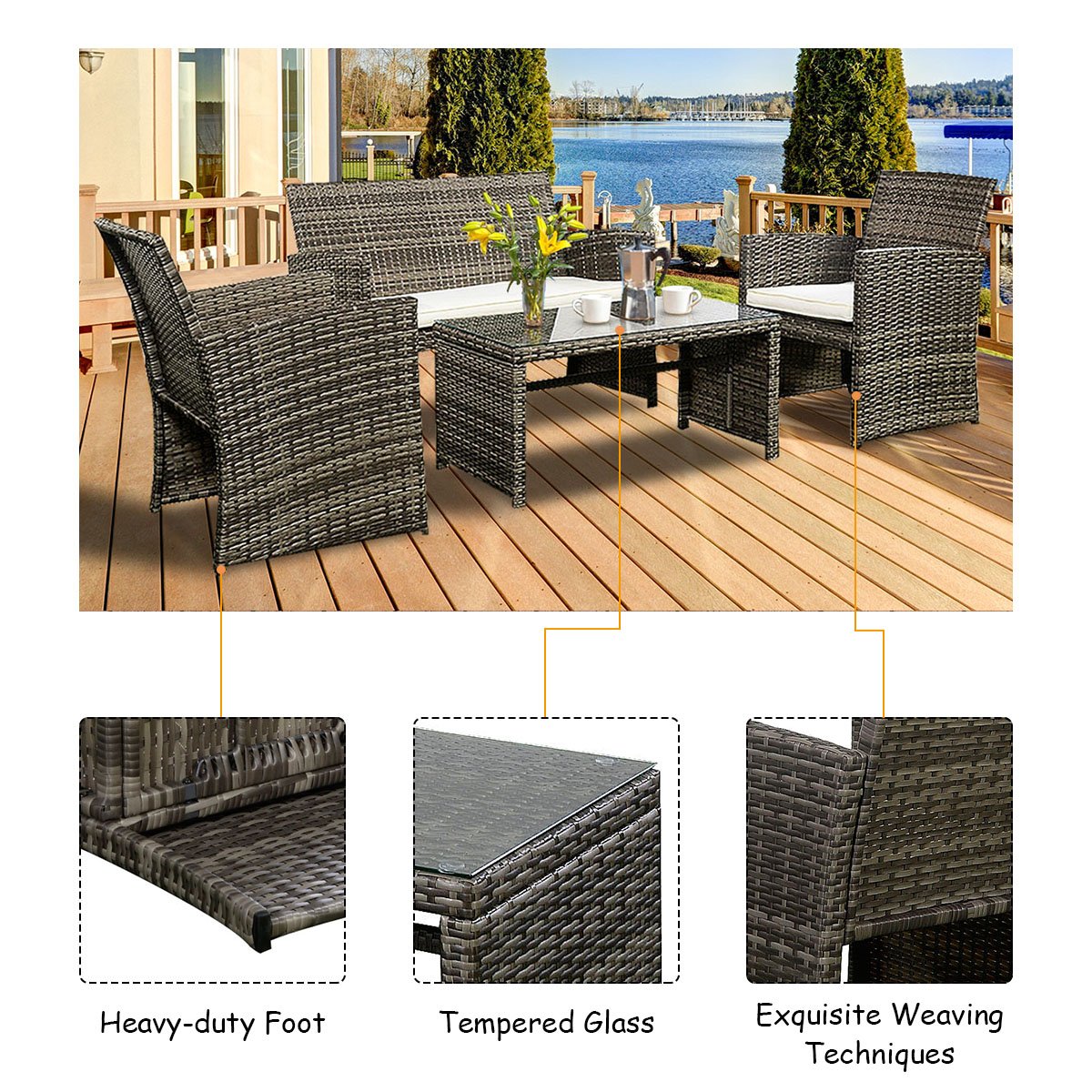 Goplus 4 PC Rattan Patio Furniture Set Garden Lawn Sofa Cushioned Seat