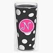 Black & White Polka Dot 16 oz Insulated Beverage Tumbler w/Monogram - Hot Pink & White Emblem (Curlz Font) - Letter N