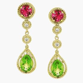 14K Yellow Gold Genuine Pink Tourmaline, Peridot Earrings with Diamonds