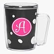 Black & White Polka Dot 18 oz Insulated Mug w/Monogram - (Hot Pink & White Emblem - Curlz Font) - Letter A