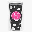 Black & White Polka Dot 16 oz Insulated Beverage Tumbler w/Monogram - Hot Pink & White Emblem (Curlz Font) - Letter H