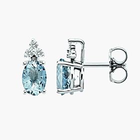 14K White Gold Diamond and Genuine Aquamarine Trio Accent Earrings (6x4mm)