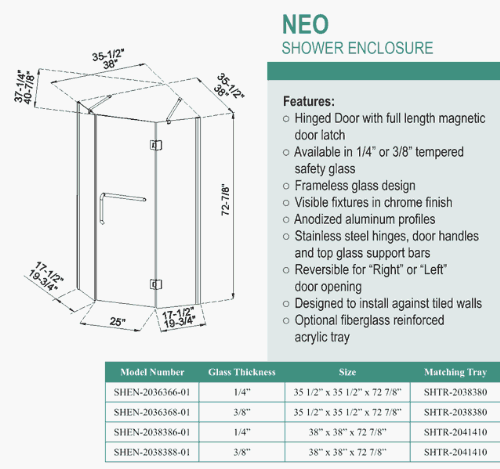 DreamLine SHEN-2038388-01 NEO 3/8-inch Glass Thickness Shower Enclosure