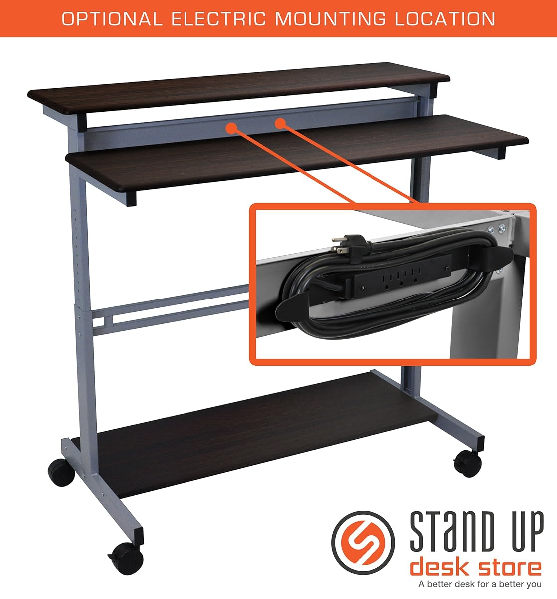 48" Shelves Mobile Ergonomic Stand Up Desk Computer Workstation (Dark Walnut Shelves / Silver Frame)