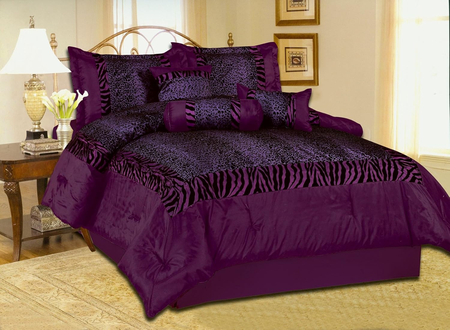 Queen Size Zebra Leopard Safari Patchwork Faux Silk Black / Purple