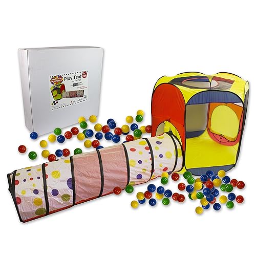 Play Tent with Tunnel and 100 Balls- Indoor and Outdoor Easy Folding Ball Pit with Carrying Case
