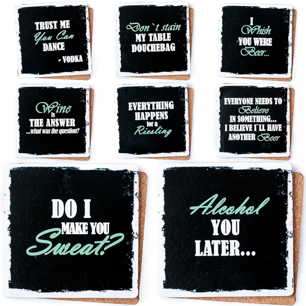 Set of 8 Premium Funny Coasters for Drinks- Large Size 4 inches Square - PLUS 2 Stainless Steel Ball Design Wine Bottle Stoppers - Bar Tools Collection by Prego Unlimited