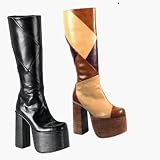 MONET-610, 5 3/4, Black or Tan Combo Patchwork Platform Knee Boot, Demonia by Pleaser USA