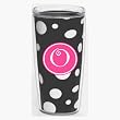 Black & White Polka Dot 16 oz Insulated Beverage Tumbler w/Monogram - Hot Pink & White Emblem (Curlz Font) - Letter O