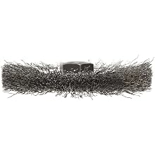 Weiler Trulock Narrow Face Wire Wheel Brush, Threaded Hole, Steel, Crimped Wire, 4" Diameter, 0.014" Wire Diameter, 5/8-11" Arbor, 7/8" Bristle Length, 1/2" Brush Face Width, 14000 rpm