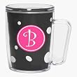 Black & White Polka Dot 18 oz Insulated Mug w/Monogram - (Hot Pink & White Emblem - Curlz Font) - Letter B