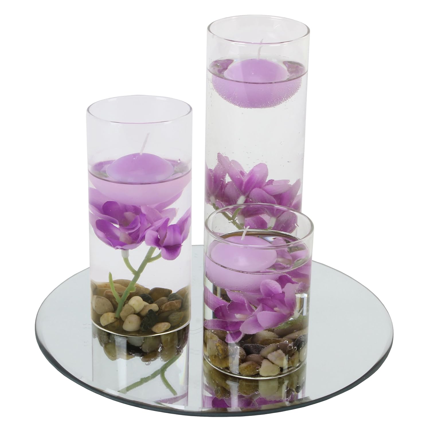 Set 3 Floating Candles Round Vase Purple Flowers & mirror base by