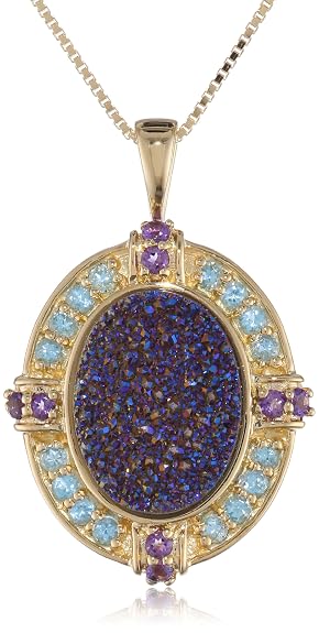 18k Gold Over Sterling Silver Purple Drusy and Multi-Stone Pendant Necklace , 18