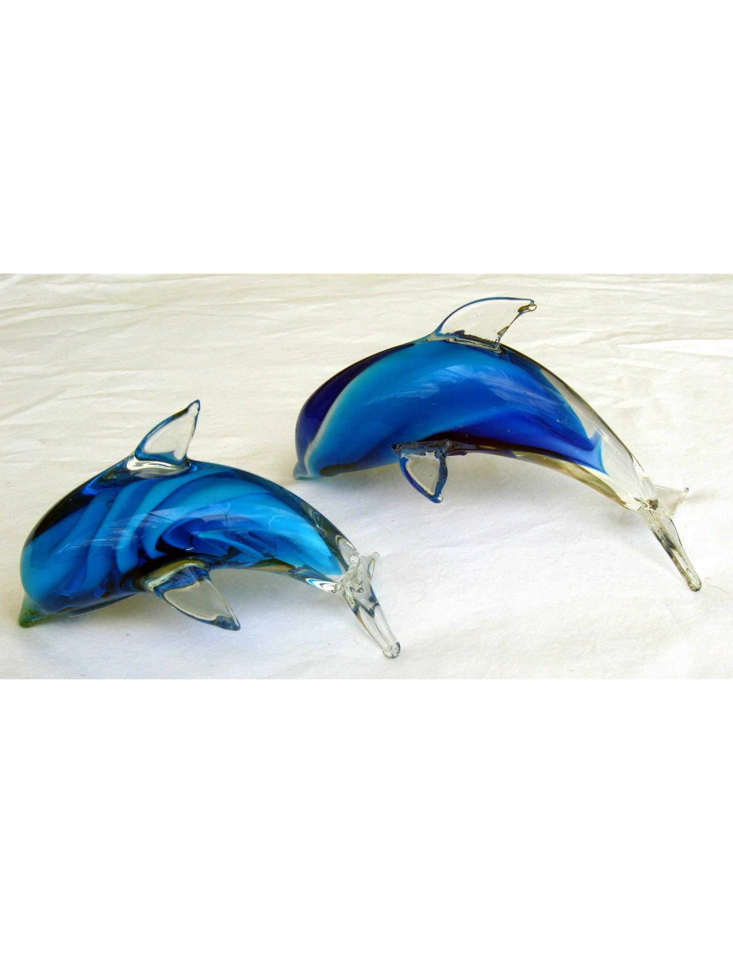 Set of 2 Glass Dolphins - Blue and White - Two Different Sizes - Tropical Beach Nautical Decor New