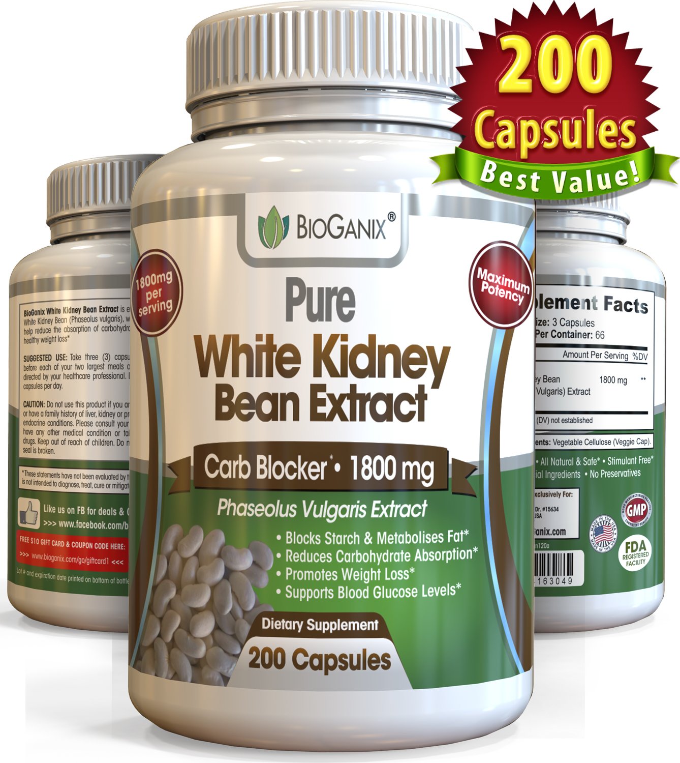 100 Pure White Kidney Bean Extract 1800mg (200 Capsules) Best 2 Phase