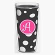Black & White Polka Dot 16 oz Insulated Beverage Tumbler w/Monogram - Hot Pink & White Emblem (Curlz Font) - Letter A
