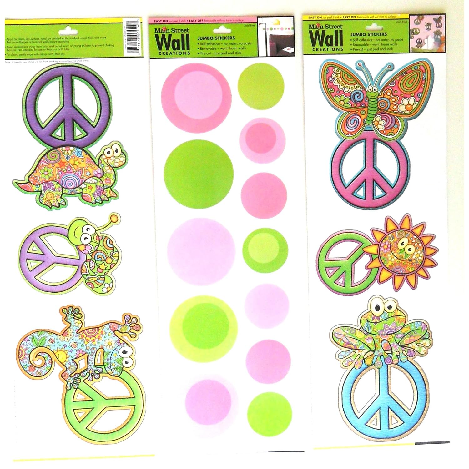 Wall Stickers for Kids or Adults Art Applique Set of 3 Colorful Peace Signs