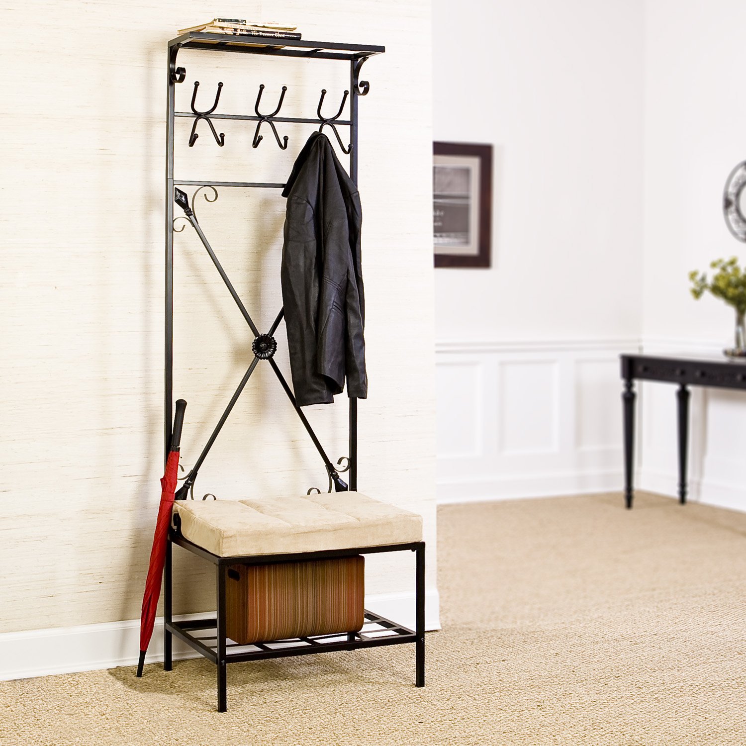 Metal Entryway Storage Bench with Coat Rack
