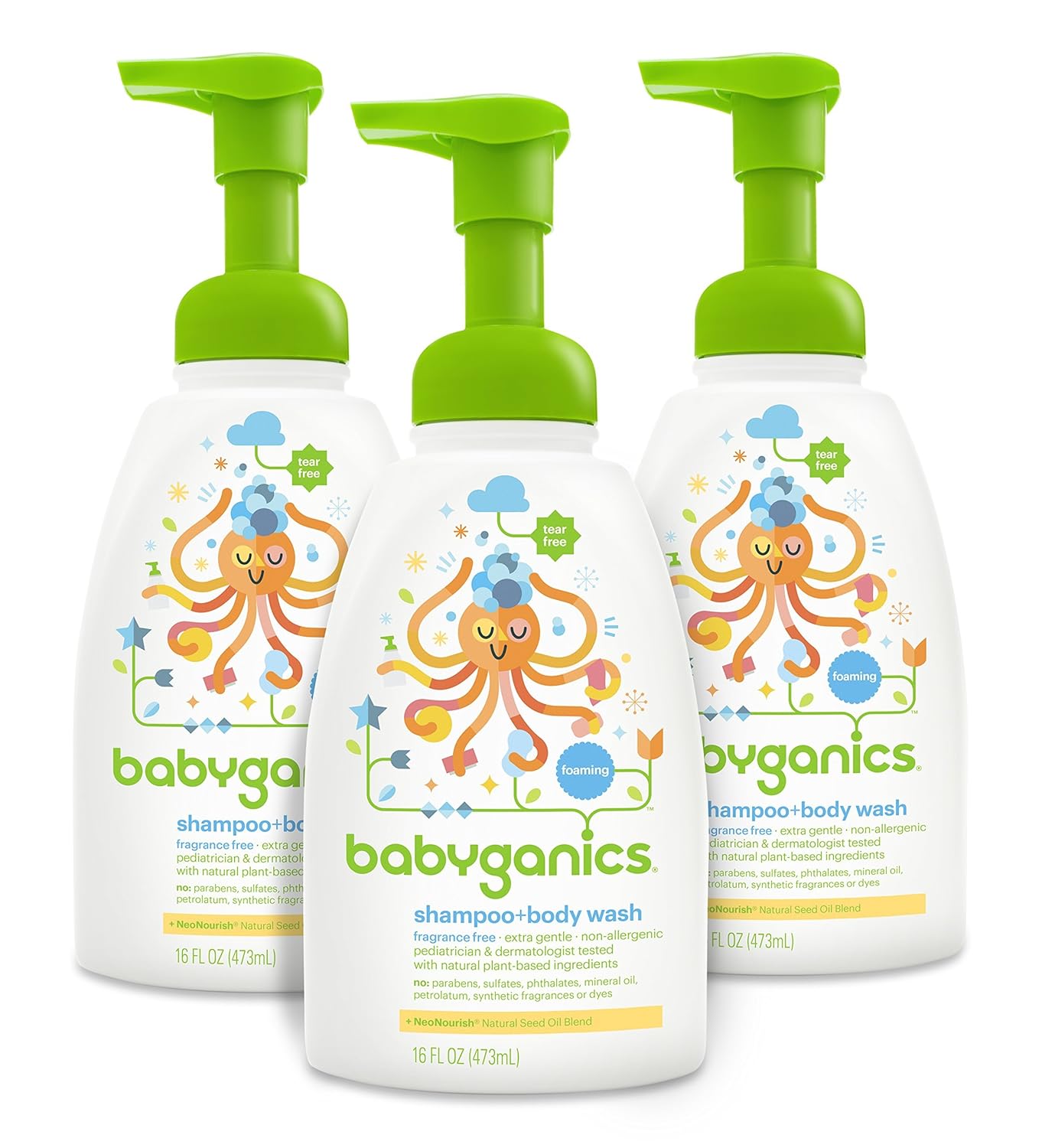 BabyGanics Baby Shampoo Body Wash Fragrance Free 16oz Pump Bottle Pack