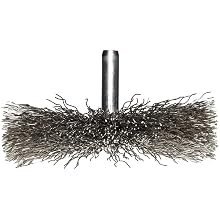 Weiler Narrow Face Wire Wheel Conflex Brush, Round Shank, Stainless Steel 302, Crimped Wire, 3" Diameter, 0.014" Wire Diameter, 1/4" Shank, 1" Bristle Length, 1/2" Brush Face Width, 20000 rpm