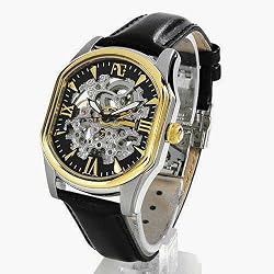Auguste Galan Mens Two-tone Mechanical "Skeleton" Watch with Black Leather Strap. Model: AG-4557