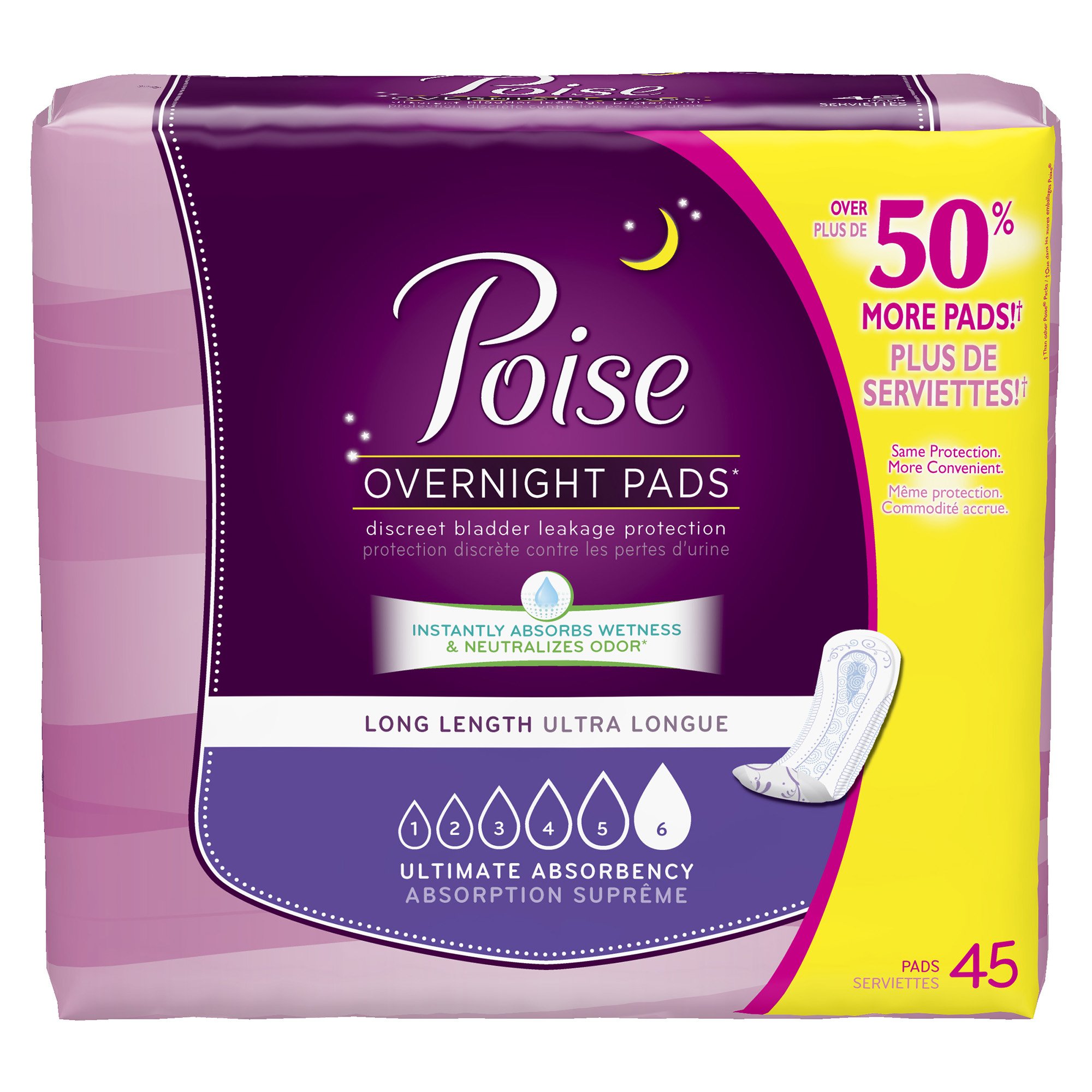 Poise Ultimate Absorbency Overnight Incontinence Pads Long 45 Count 45