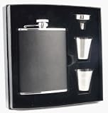 VSET38-1142 Visol Black Leather Wrapped 6 oz Stainless Steel Flask Gift Set w/ 2 shot cups and a funnel