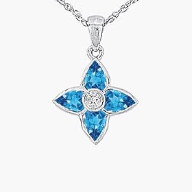 Genuine Blue Topaz and Diamond Accent Pendant of 14K White Gold (6x4 mm)