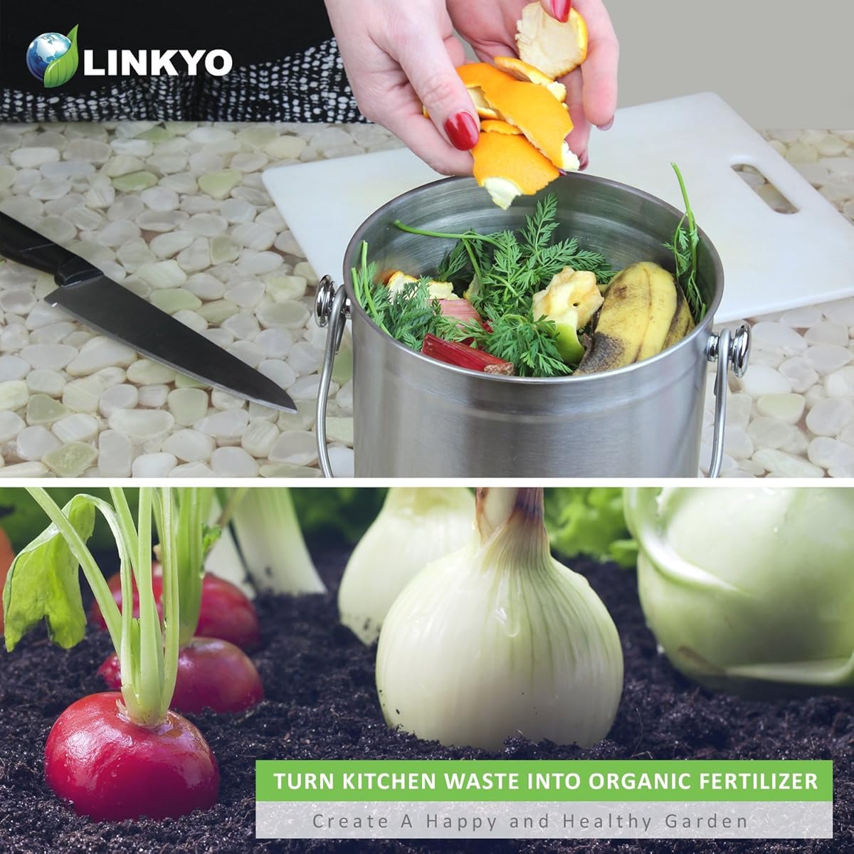 LINKYO Compost Bin 4 Filters Stainless Steel Kitchen Composter (1 Gallon)