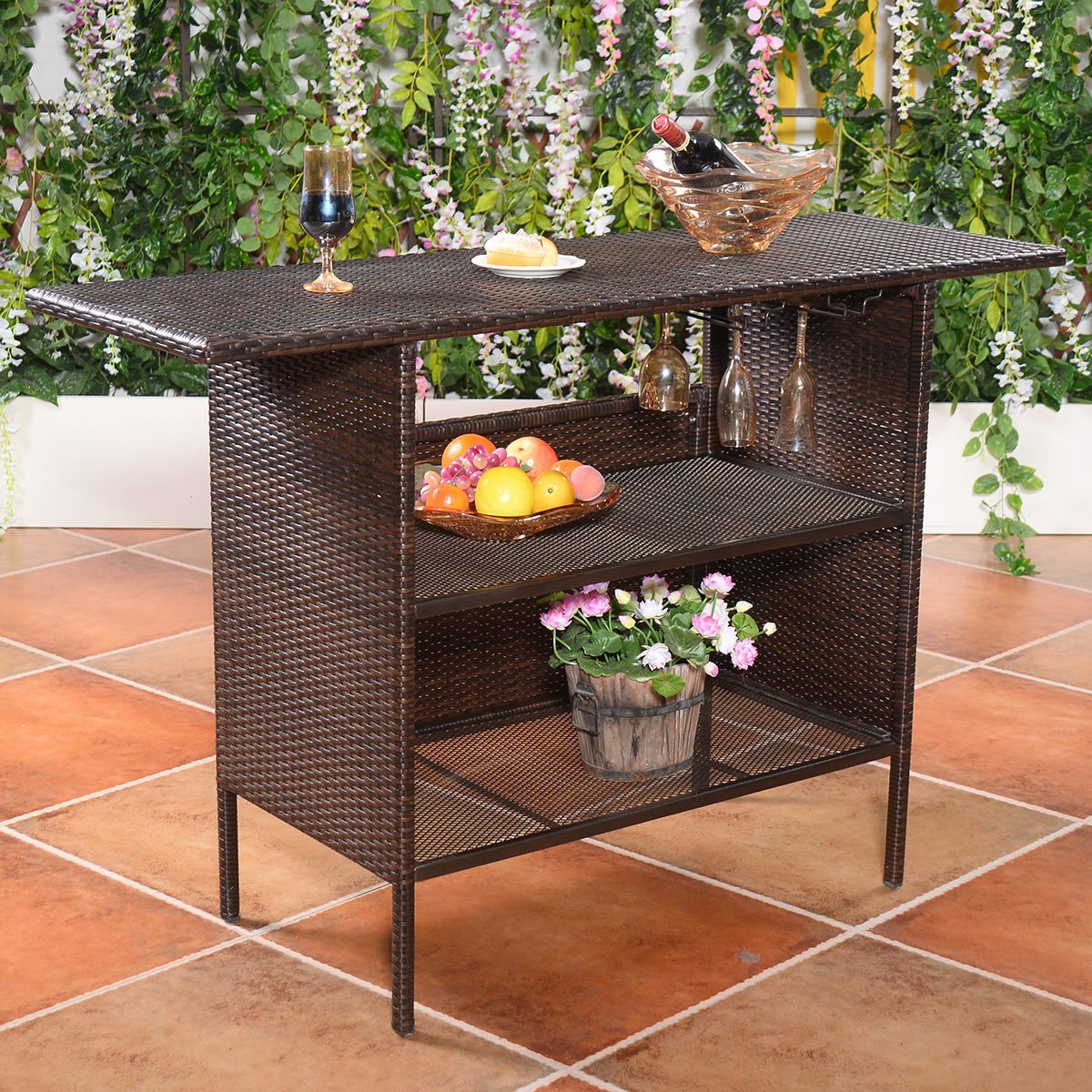 Giantex Outdoor Patio Rattan Wicker Bar Counter Table with 2 Steel