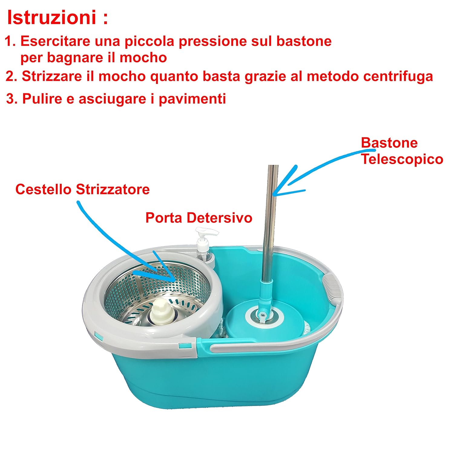 Lavapavimenti Mop Rotante IBK - Secchio Con Strizzatura A Centrifuga, 5 Testine Microfibra - Foto 2