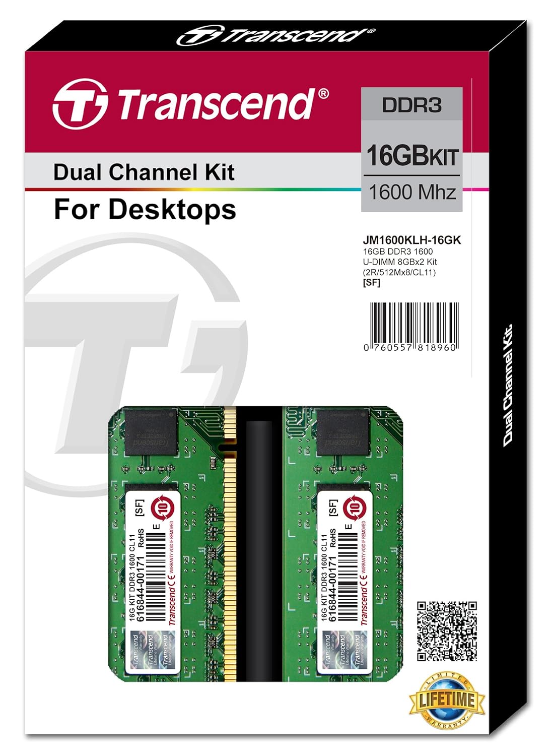 Kit RAM Transcend 16GB (8x2) DDR3 1600mhz