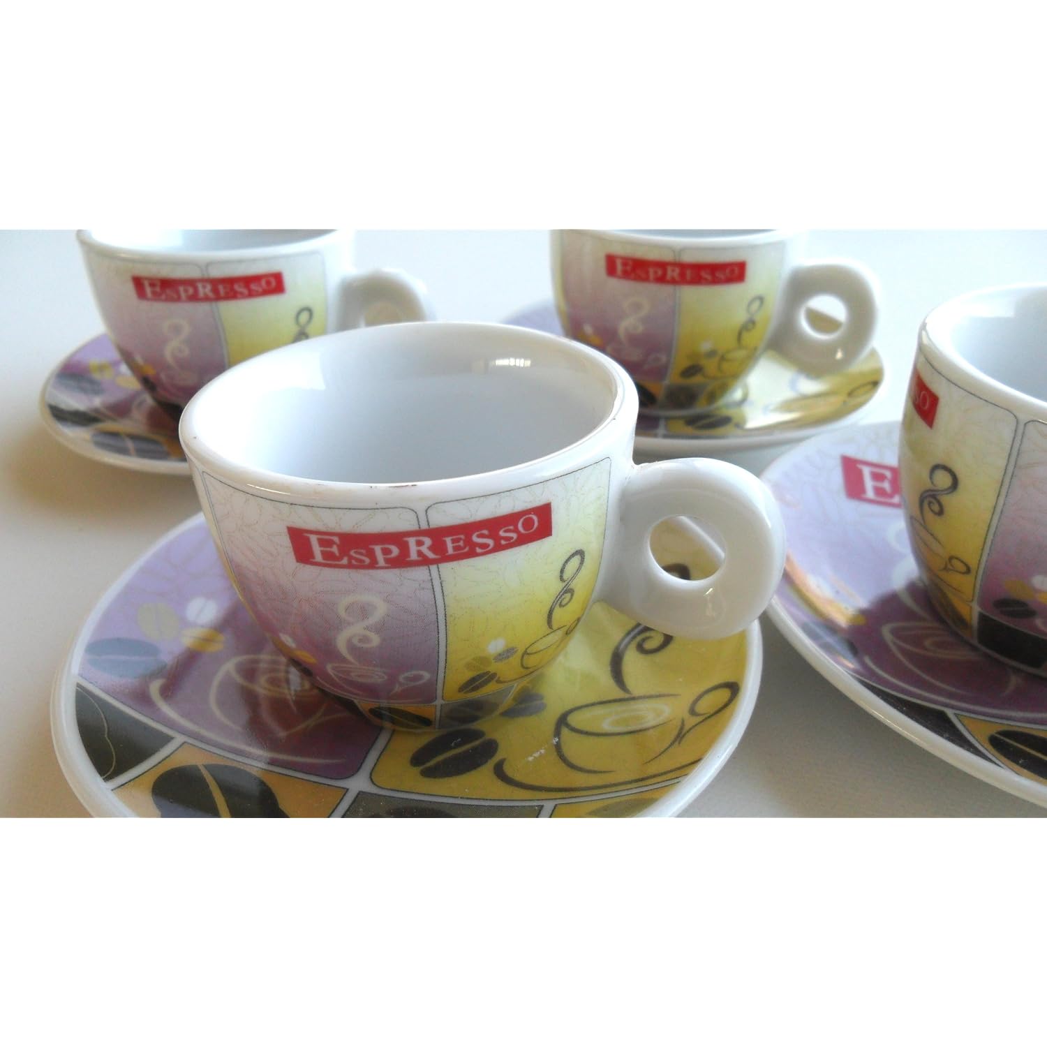 Espresso Coffee Cups Set of 4 Demitasse Cups with European Coffee Bean Motif