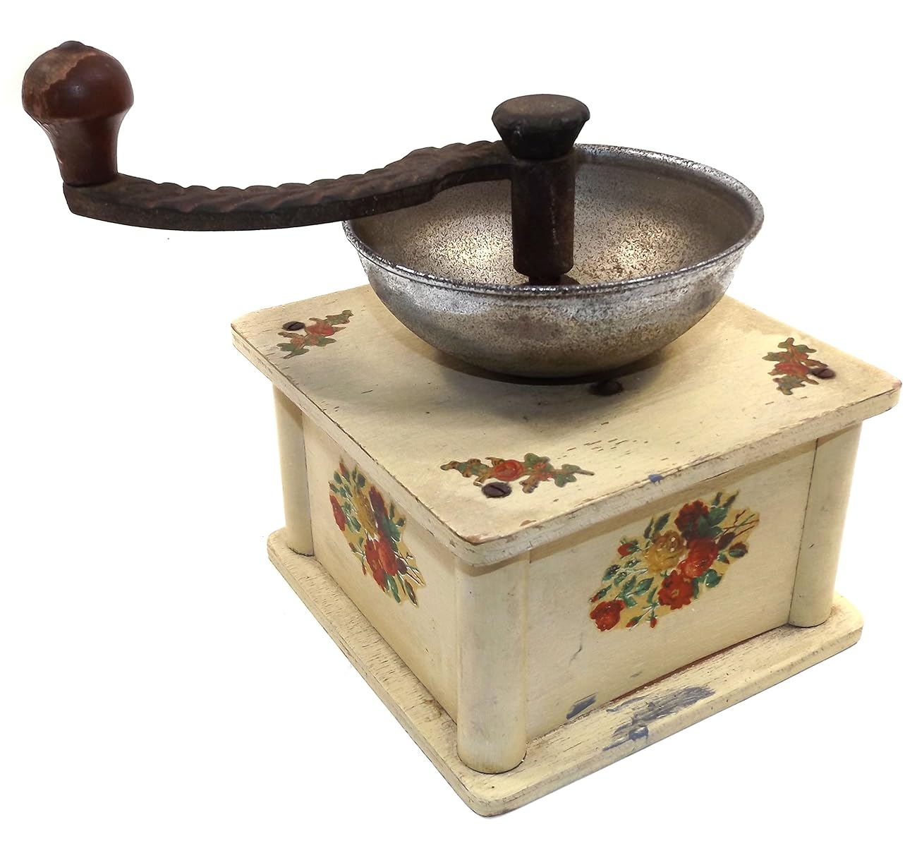 Vintage Wooden Cottage Chic Hand Crank Coffee Grinder Mill w/ Flower Decals