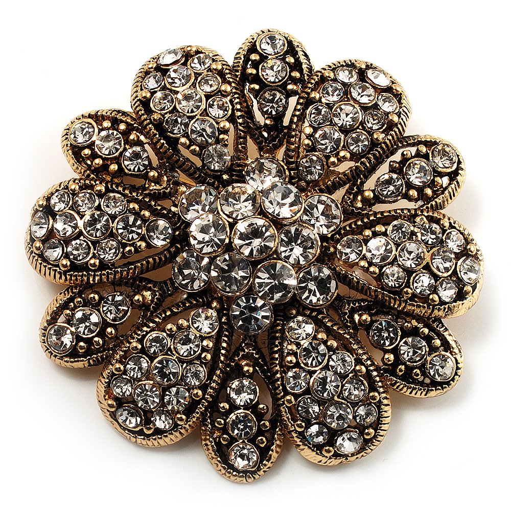 Vintage Swarovski Crystal Floral Brooch (Antique Gold)