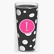 Black & White Polka Dot 16 oz Insulated Beverage Tumbler w/Monogram - Hot Pink & White Emblem (Curlz Font) - Letter I