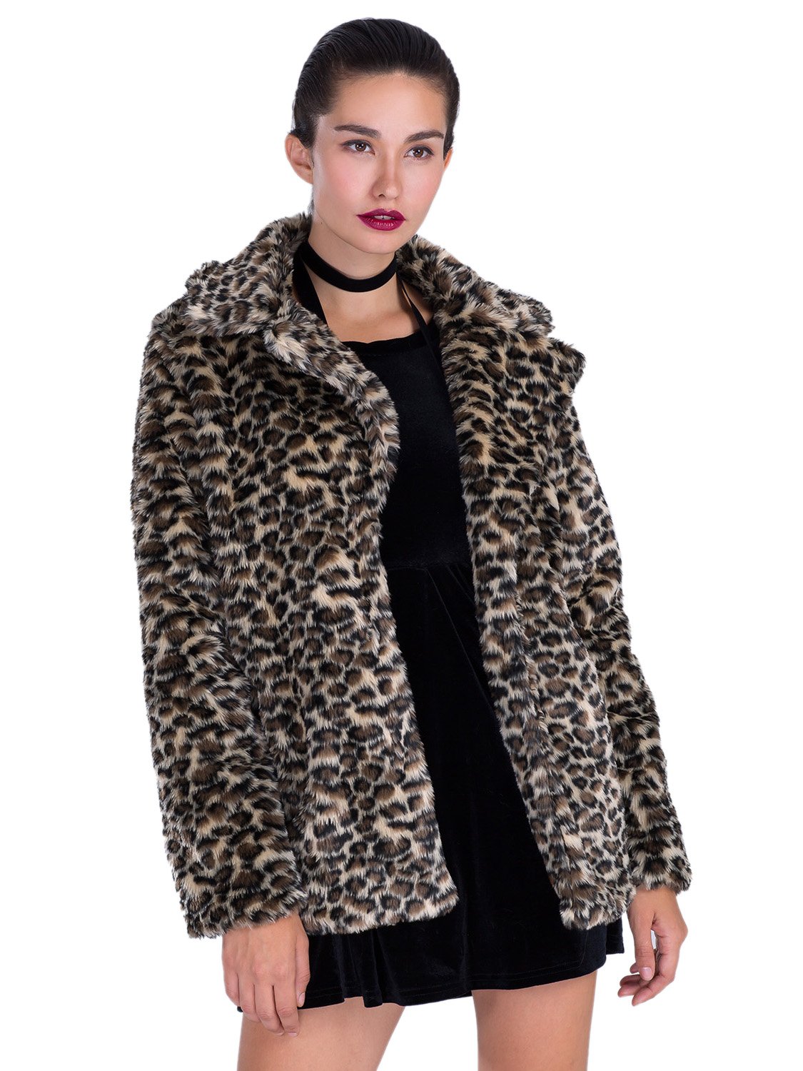 Choies Women Elegant Vintage Leopard Print Lapel Faux Fur Coat Fall Winter Outwear