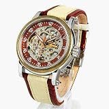 Auguste Galan Mens Mechanical Skeleton Watch with Brown and Cream Leather Strap. Model: AG-0559