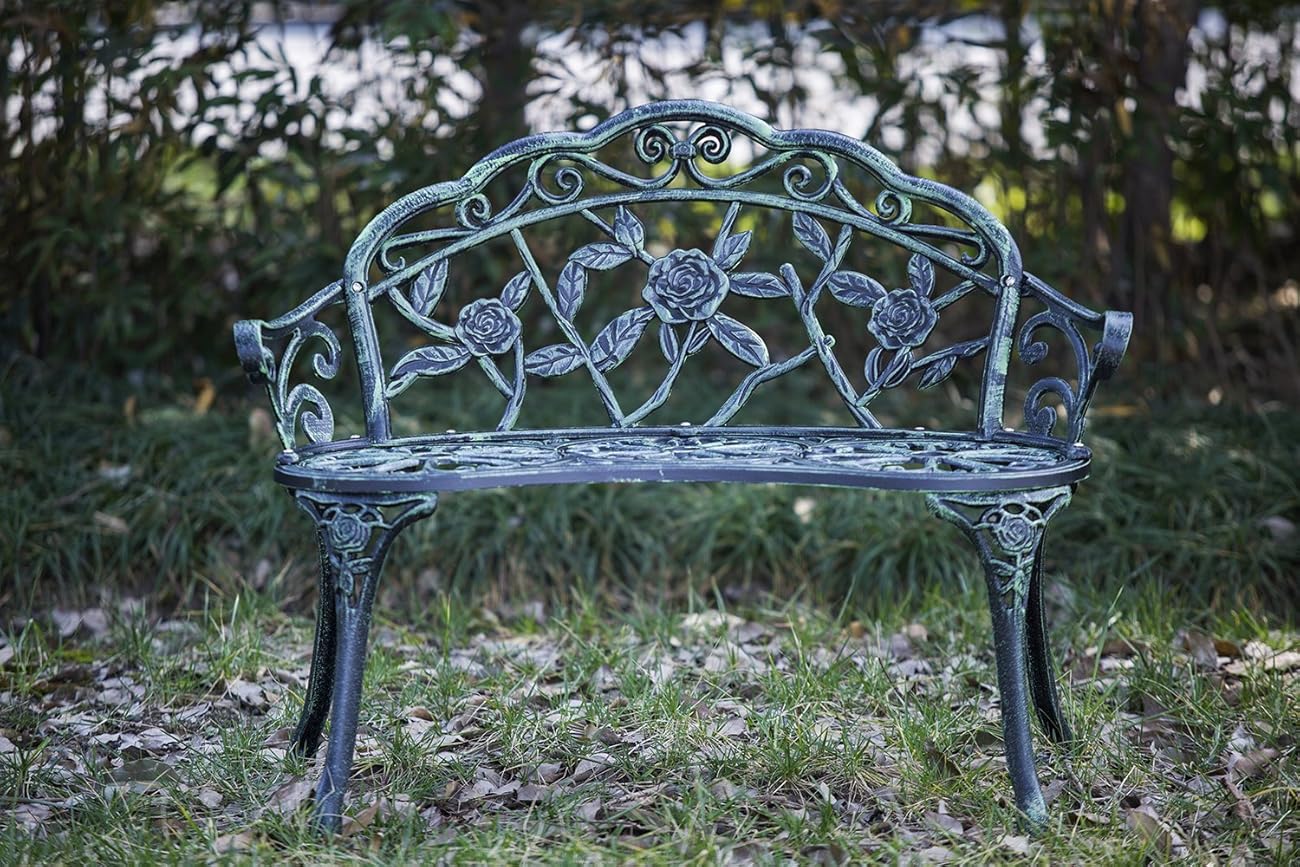 Merax Cast Iron Antique Rose Style outdoor Patio Garden Park Bench, Cast Iron 2