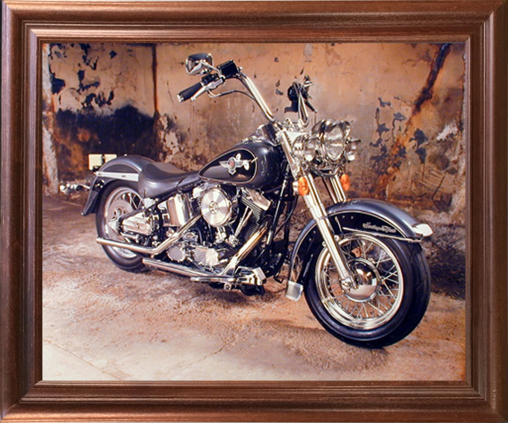 Harley Davidson Black Motorcycle Mahogany Framed Picture Art Print (18x22)
