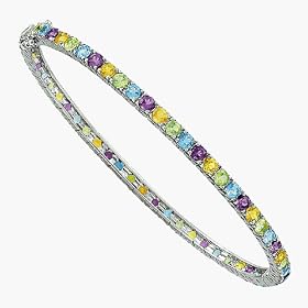 14K White Gold Genuine Semi Precious Blue Topaz, Amethyst, Citrine and Green Garnet Bangle Bracelet
