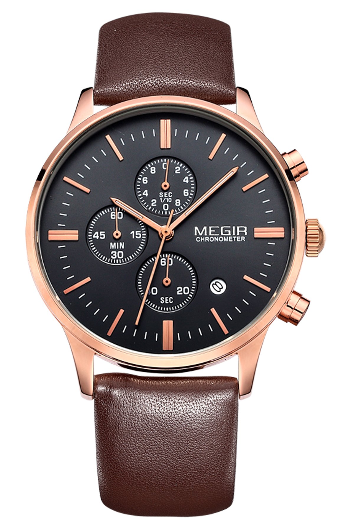 Megir Mens Vintage Chronograph Luminous Brown Leather Quartz Wrist Watches