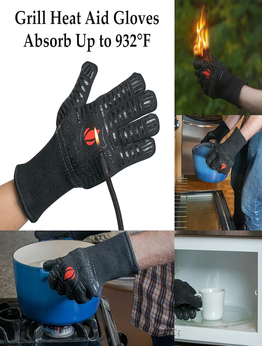 Extreme Heat Resistant Grill Gloves Premium Insulated & Silicone Lined Aramid Fiber Mitts for