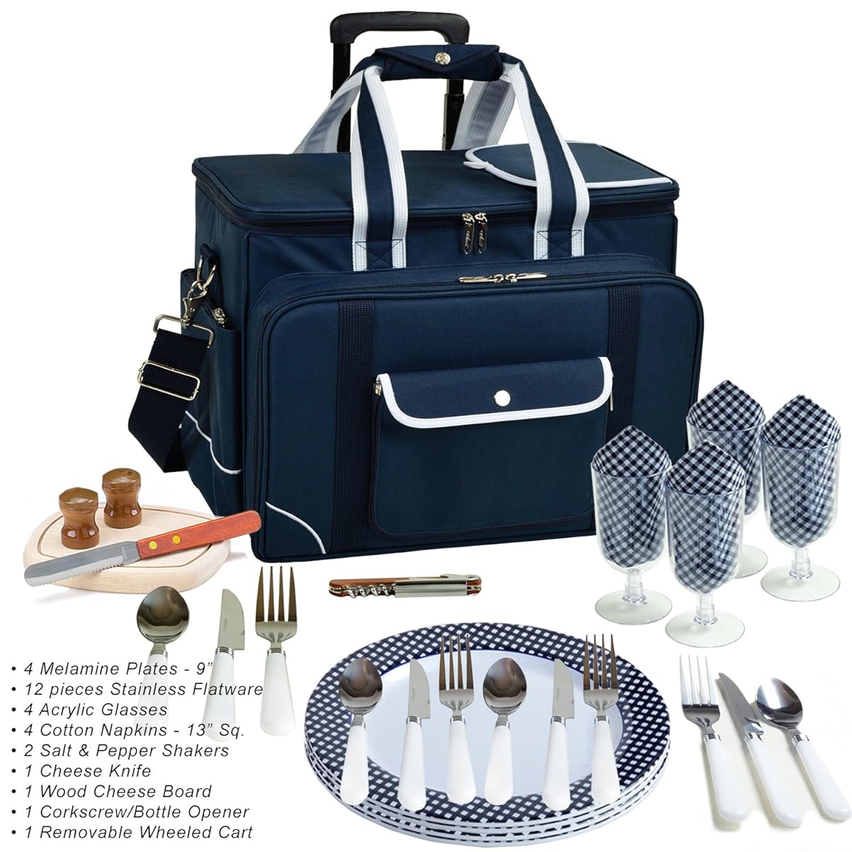 Picnic at Ascot Ultimate Insulated Picnic Cooler on Wheels with Service for 4. Navy