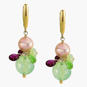 14K Yellow Gold Genuine Rhodolite Garnet, Peridot and Sepentine Earrings With Touch of Pearls