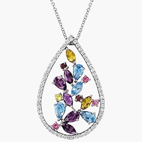 14K White Gold Genuine Citrine, Blue Topaz, Amethyst, Pink Tourmaline Pendant With Diamonds