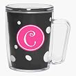 Black & White Polka Dot 18 oz Insulated Mug w/Monogram - (Hot Pink & White Emblem - Curlz Font) - Letter C