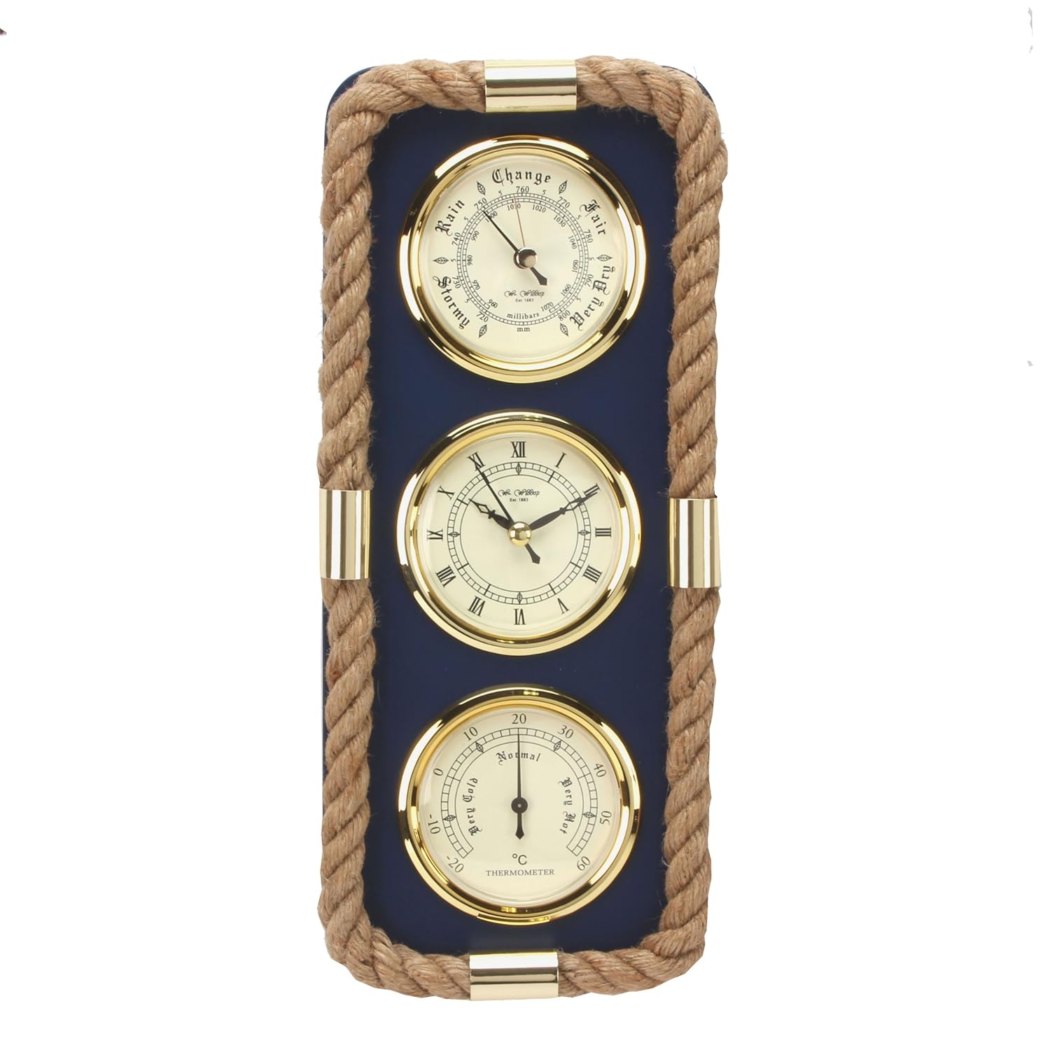 Classic Nautical Combo Clock Barometer Thermometer Set mounted Sea Blue
