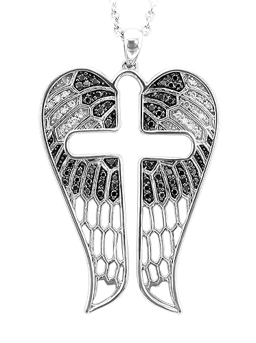 Angel Feather Wing Cross Sterling Silver White and Black Diamond Pendant Necklace