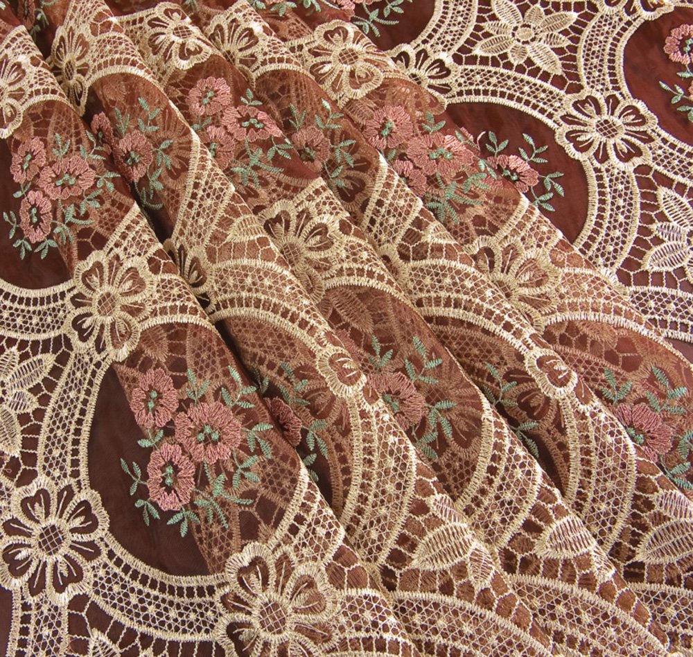 Vintage Elegant Beige Round Lace Tablecloth Linen Embroidered Flower